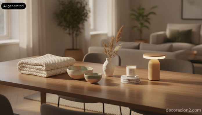 Wide styled interior photograph of a wooden dining table displaying a curated selection of home decor gifts: a chunky knit... Selección de regalos de decoración para amigos sobre una mesa: velas, cerámica, manta y jarrón