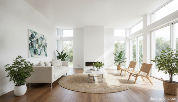 Salón moderno y luminoso de una casa remodelada con paredes blancas