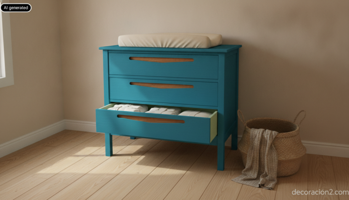 Wide interior photograph of a small nursery with a restored vintage chest of drawers as the main piece, its body hand-pain... Cómoda restaurada y pintada en azul turquesa dentro de una habitación infantil, ejemplo de cómo restaurar una cómoda antigua