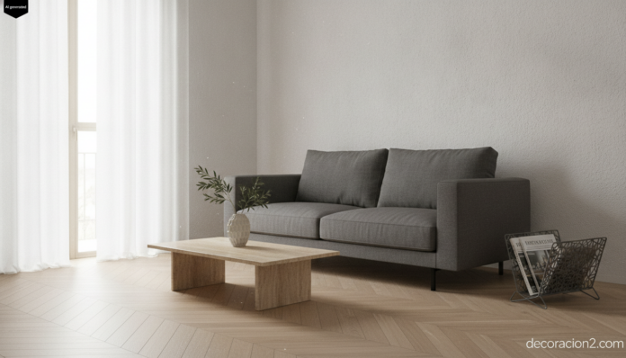 Salón minimalista con un revistero minimalista de acero gris carbón junto a un sofá bajo de lino y suelo de roble