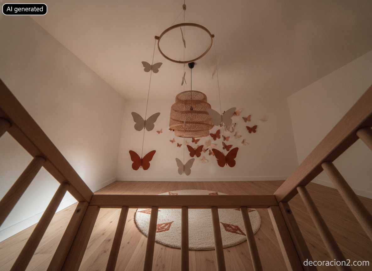 Rincón de dormitorio infantil de estilo boho con vinilos de mariposas en la pared y un móvil de madera visto desde abajo