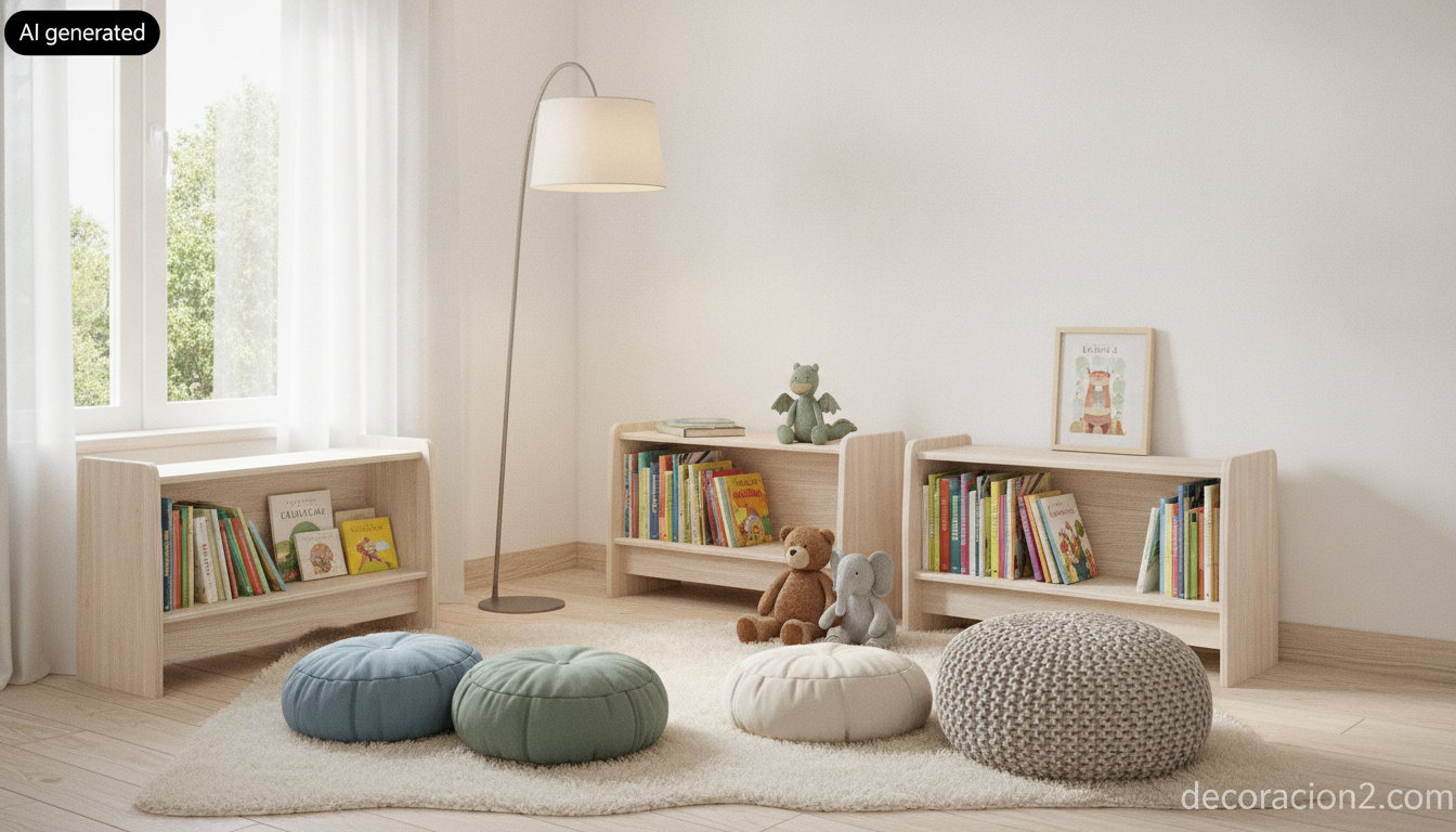 Rincón de lectura infantil con alfombra, cojines, libros y peluches