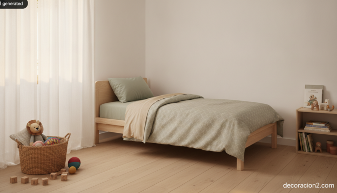 Habitación infantil con ropa de cama de algodón en tonos suaves y luz natural