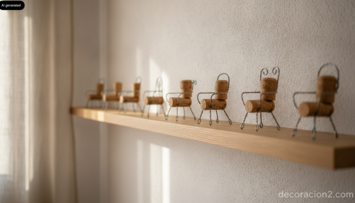 Sillas en miniatura con corchos de cava expuestas en una balda de roble en un salón luminoso