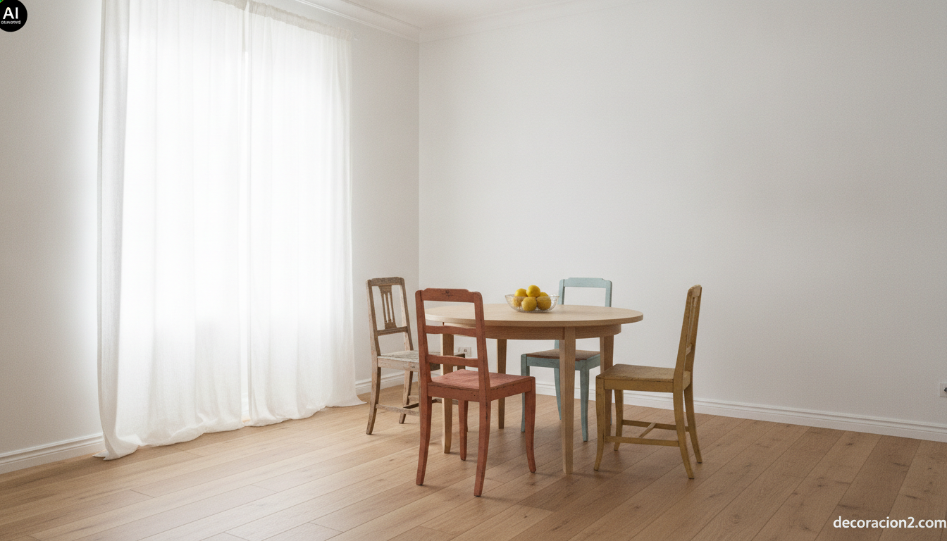 Comedor nórdico con sillas antiguas pintadas en colores distintos alrededor de una mesa