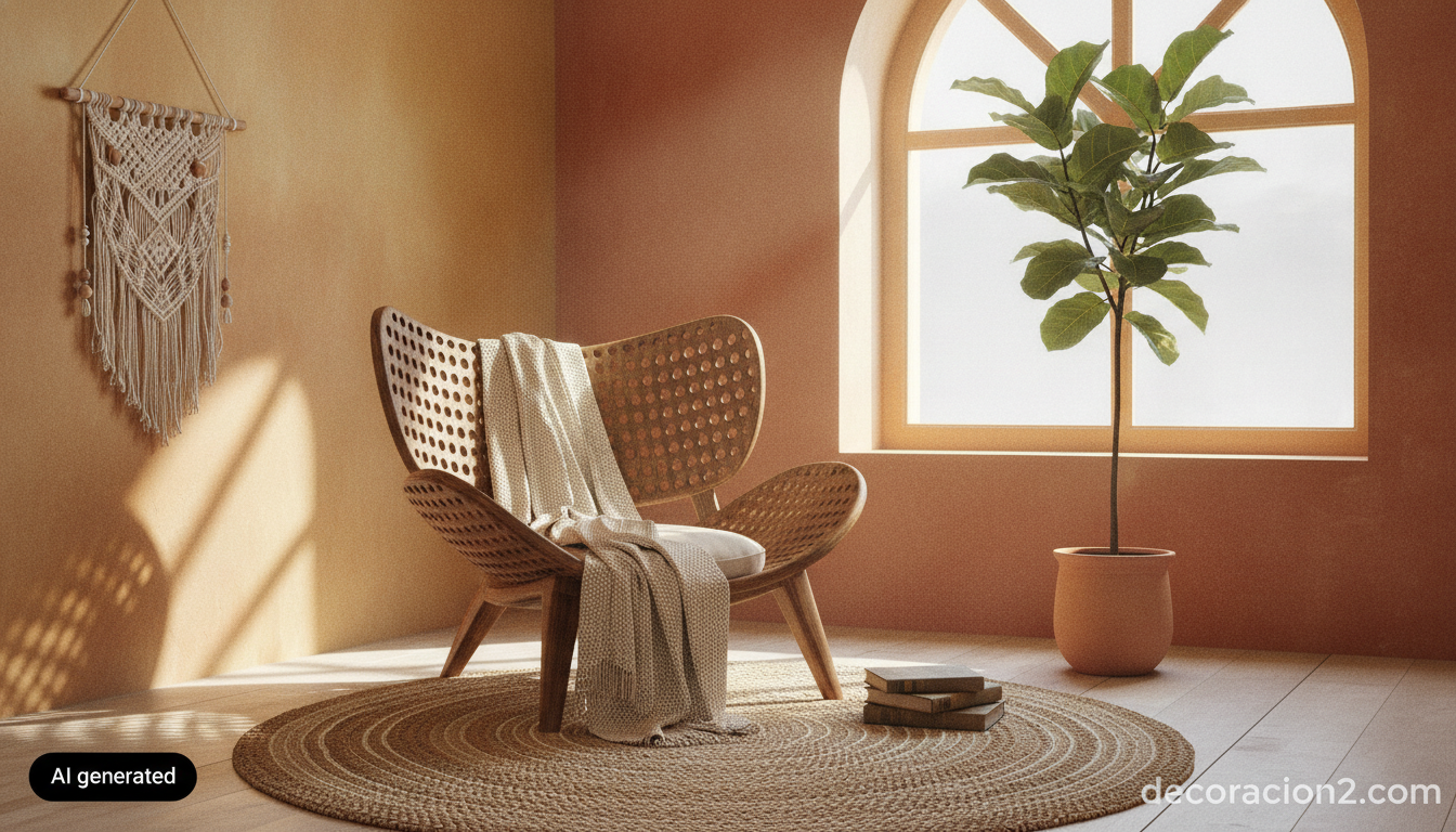 Karma Chair: el sillón ergonómico de diseño con perfecta simetría 10 Sillón de diseño étnico en un rincón de lectura del dormitorio con textiles naturales