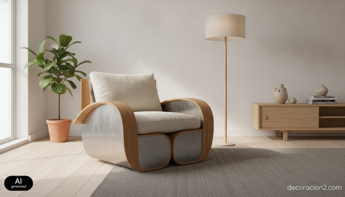 A modern living room corner with a single sculptural ergonomic design armchair as the focal point, made of curved metal sh... Sillón ergonómico de diseño Karma Chair de chapa y bambú en un salón moderno