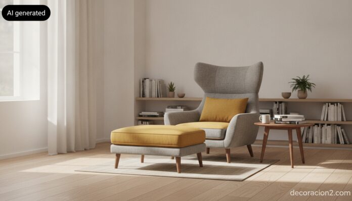Salón luminoso con un sillón reversible tapizado en lana bicolor y otomana a juego junto a la ventana