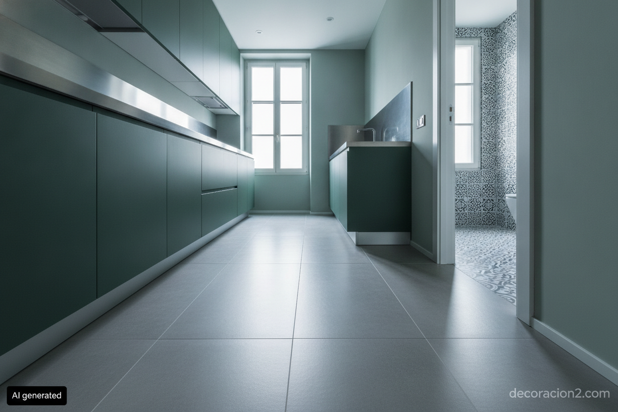 Cocina moderna con suelo de gres porcelánico de gran formato en tono cemento
