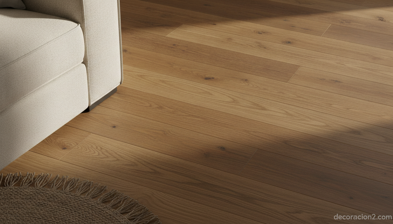 Detalle de suelo de tarima de madera cálida en interior moderno