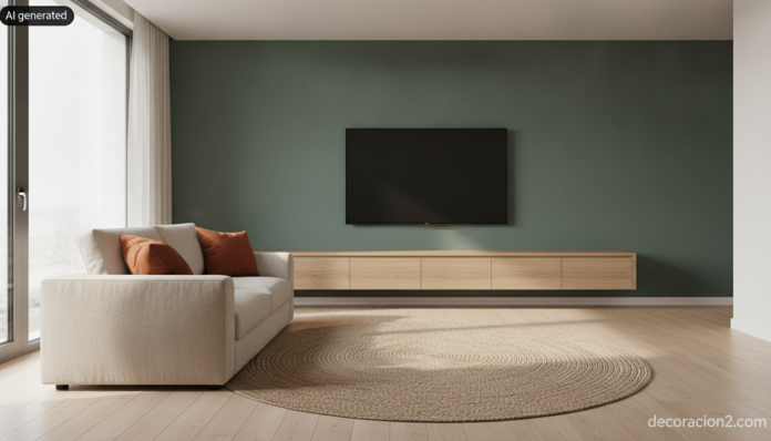 Wide interior photograph of a bright contemporary living room, an ultra-slim 65-inch television flush-mounted on a deep ma... Salón moderno con uno de los televisores ultradelgados colgado en pared verde mate sobre aparador de roble