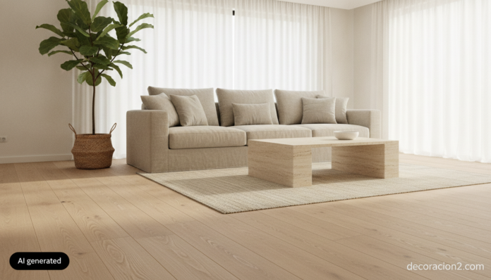 Salón luminoso con tarima de roble claro que ilustra los tipos de suelos para casa