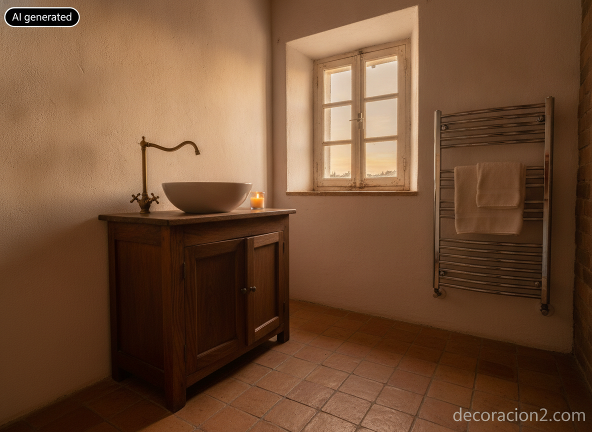 Baño rústico con suelo de barro y toallero curvo cromado junto a una ventana de madera al atardecer