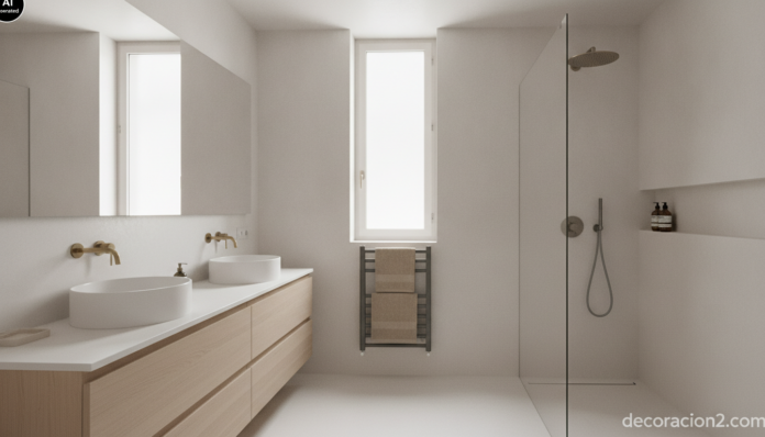Baño moderno en blanco y madera con un toallero eléctrico antracita y toallas dobladas en la pared