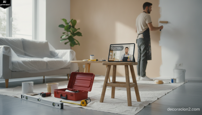 Persona siguiendo tutoriales de bricolaje en vídeo en una tablet mientras reforma el salón