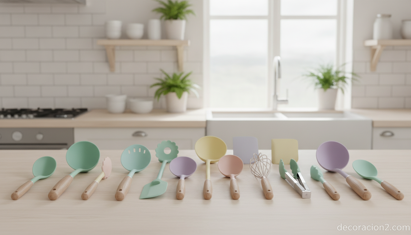 Utensilios de cocina de diseño ingenioso ordenados sobre una encimera de cocina nórdica