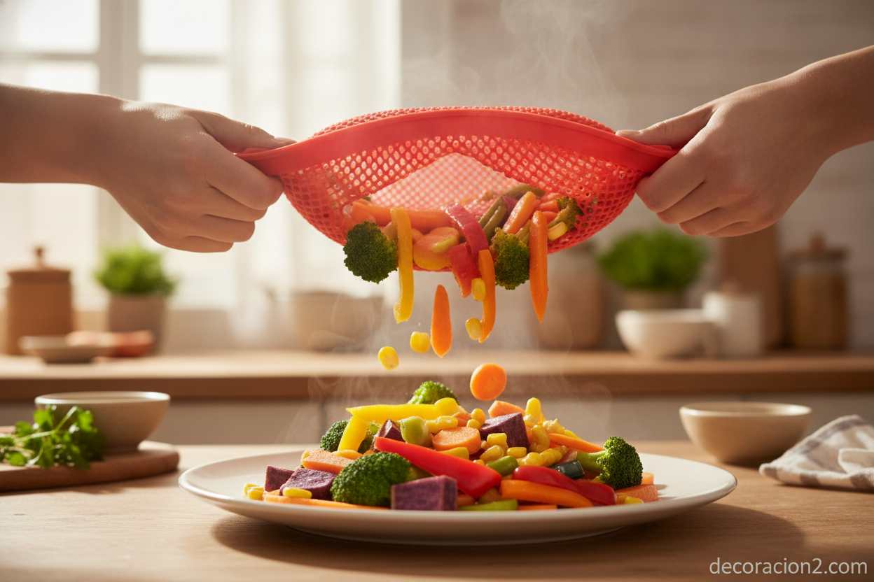 Verduras cocidas saliendo de la malla de cocción de silicona