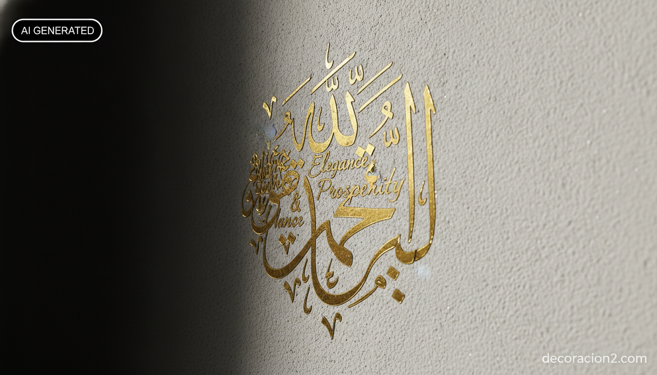 Detalle de un vinilo de caligrafía árabe dorado aplicado sobre una pared de estuco claro