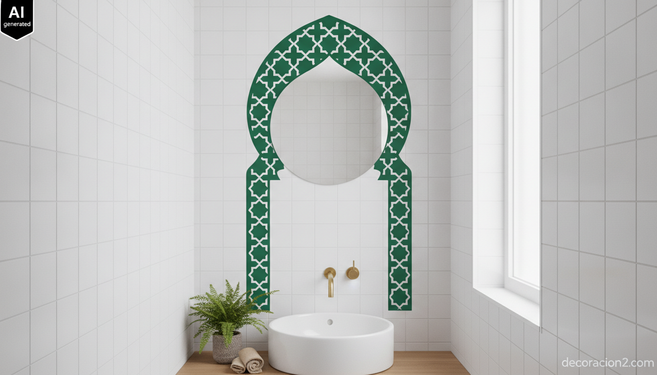 Baño con vinilo de celosía y arco de herradura verde aplicado sobre azulejos blancos