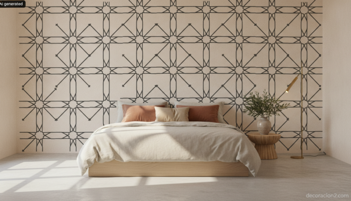 Dormitorio decorado con vinilos adhesivos árabes de lacería geométrica sobre la pared del cabecero