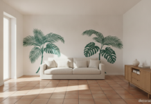 Salón luminoso con vinilos adhesivos decorativos de motivo botánico verde sobre la pared tras un sofá de lino