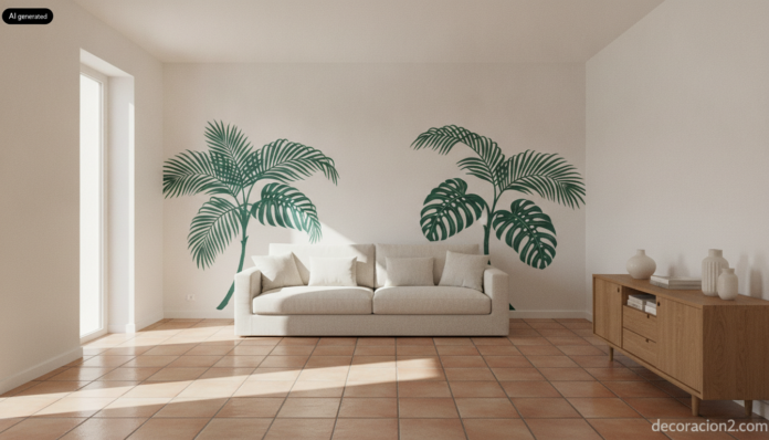Salón luminoso con vinilos adhesivos decorativos de motivo botánico verde sobre la pared tras un sofá de lino