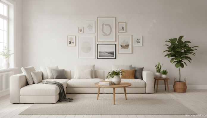 Salón moderno con vinilos decorativos y láminas de arte en la pared