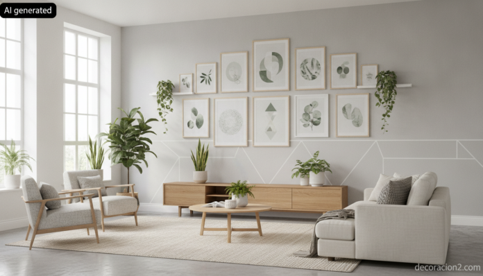 Salón moderno con vinilos decorativos y láminas de arte en la pared