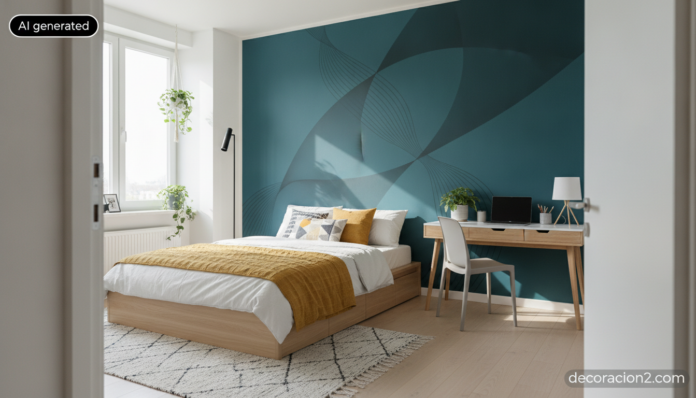 Habitación juvenil con un gran vinilo decorativo abstracto sobre la pared del cabecero