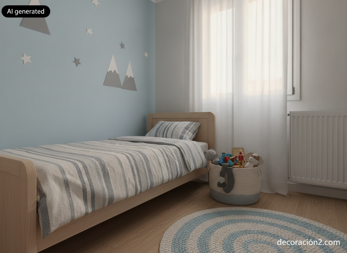 Dormitorio infantil nórdico con vinilos reposicionables de montañas y estrellas sobre pared azul claro