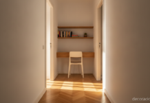 Zona de trabajo en el pasillo con escritorio de roble al fondo, silla blanca y dos baldas sobre la mesa