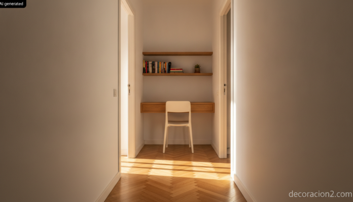 Zona de trabajo en el pasillo con escritorio de roble al fondo, silla blanca y dos baldas sobre la mesa
