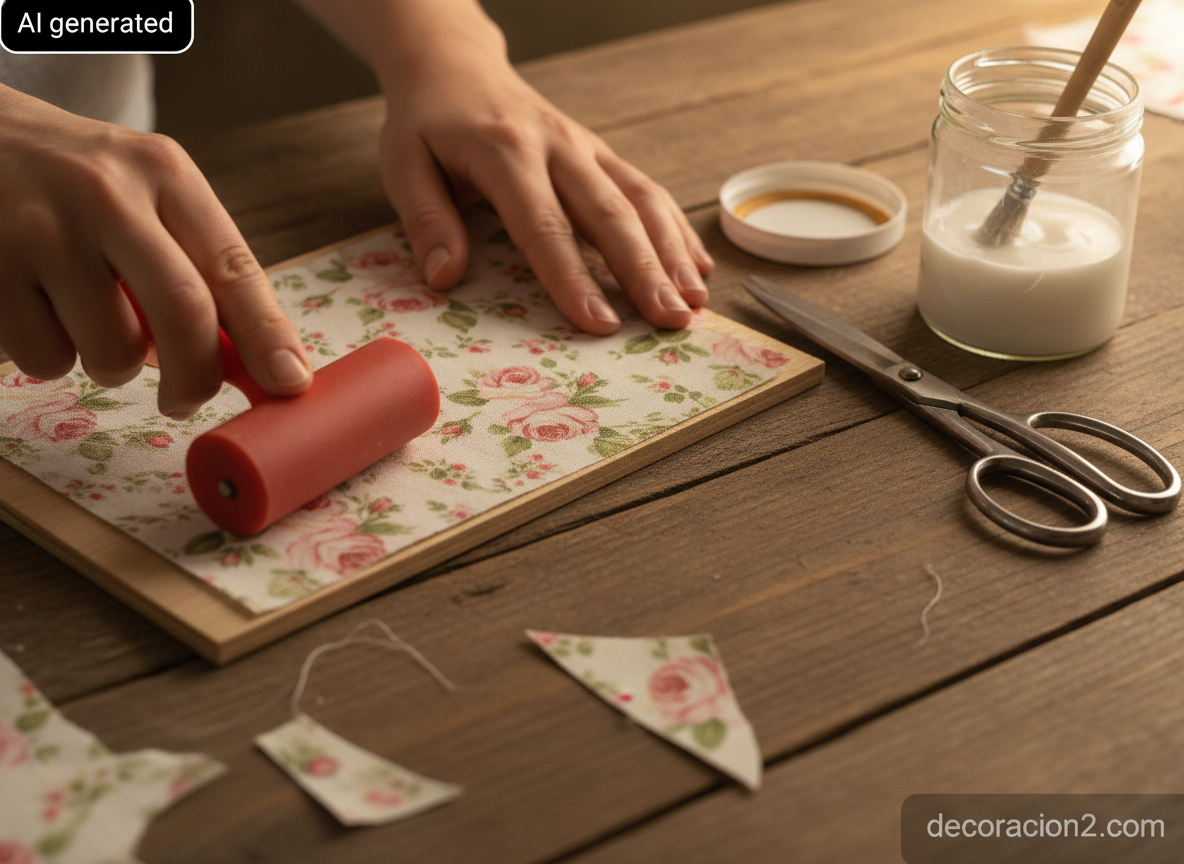 Manos alisando con un rodillo de goma una tela estampada de algodón sobre una tabla de madera junto a un bote de cola