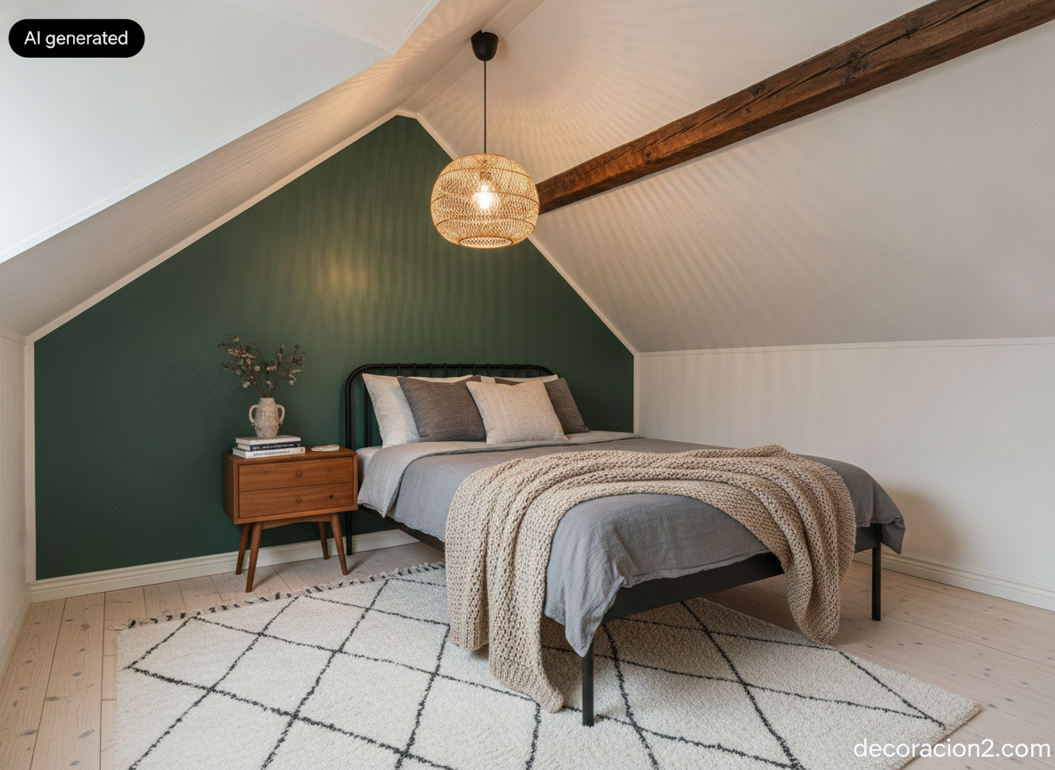 Dormitorio abuhardillado con mesilla nórdica de teca, pared verde oscuro e iluminación cálida