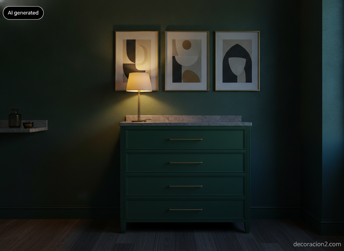 Muebles de almacenaje de diseño para el salón: medidas, mecanismos y precios reales 2 Cómoda de cinco cajones lacada en verde oscuro con encimera de mármol en un comedor iluminado con lámpara