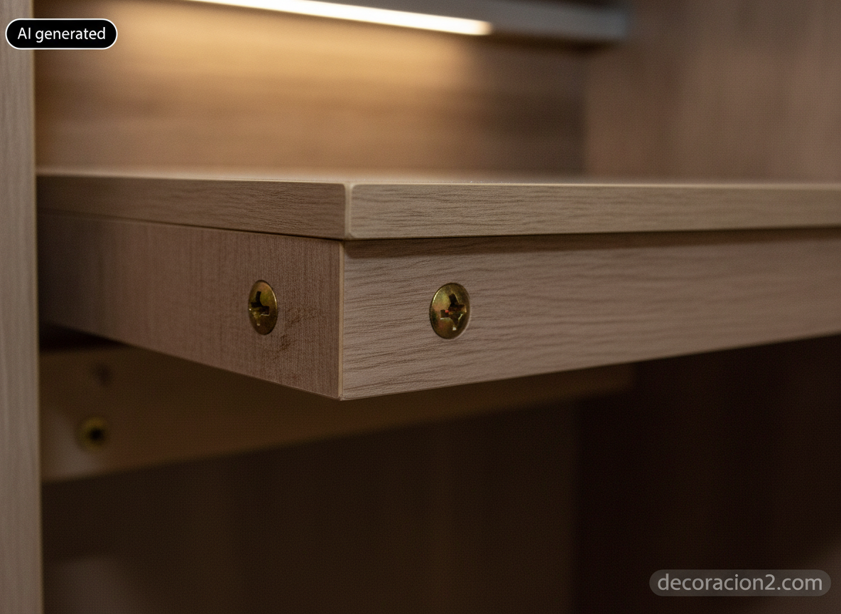Detalle del canto de un tablero de melamina de 19 mm apoyado sobre listón de madera atornillado a la pared