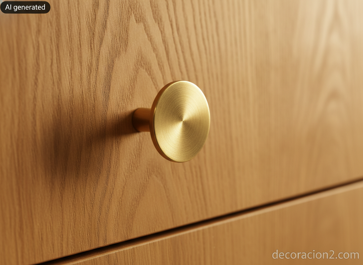 Muebles de almacenaje de diseño para el salón: medidas, mecanismos y precios reales 1 Detalle en primer plano del frente de un cajón en chapa de roble con tirador circular de latón cepillado