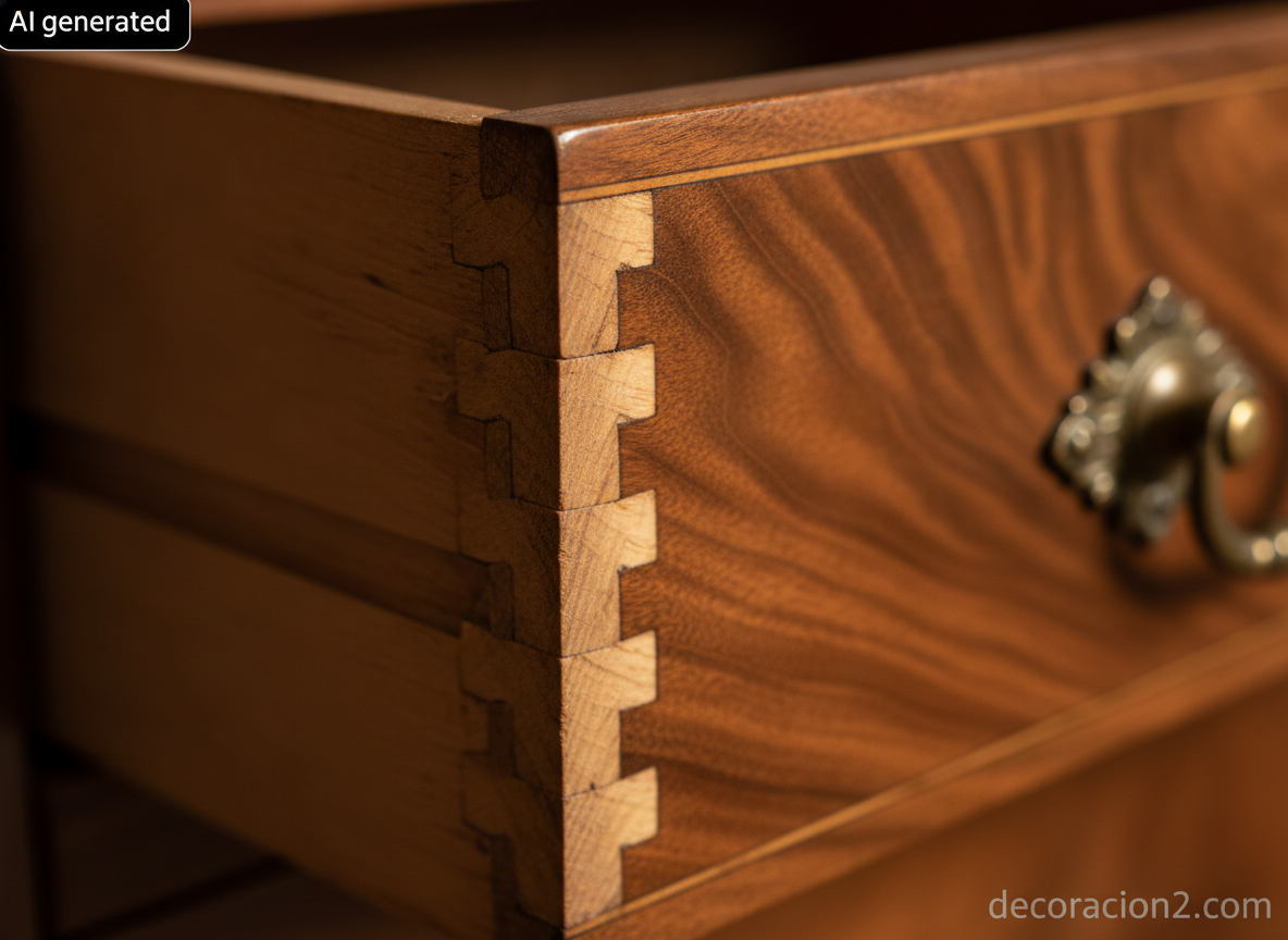Detalle macro de un cajón antiguo con ensamblaje de cola de milano y canto de chapa de nogal