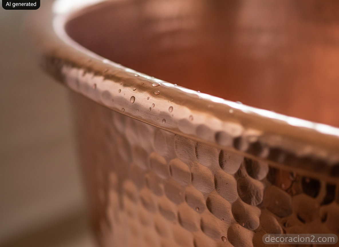 Detalle macro del borde de una bañera de cobre martillado con textura artesanal y gotas de agua
