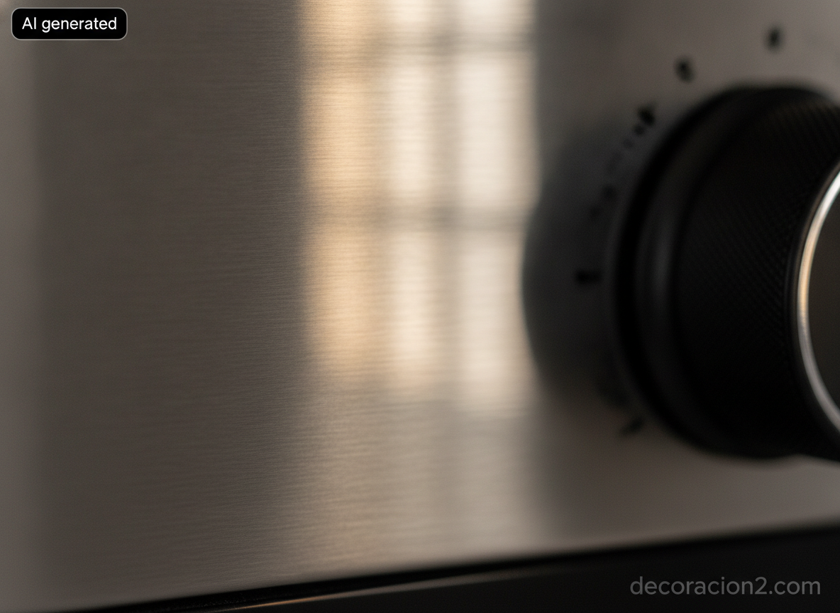 Electrodomésticos de diseño a la vista: qué aparatos merecen quedarse fuera del armario 1 Detalle macro del acabado de acero cepillado de un pequeño electrodoméstico con reflejo suave de la ventana