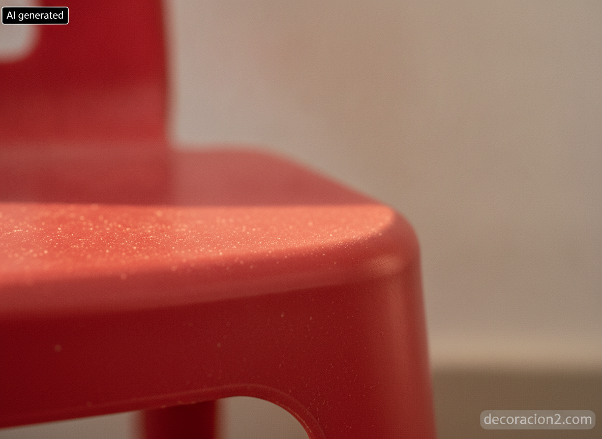 Detalle macro del borde curvado y la superficie mate del plástico teñido en masa de un asiento infantil rojo