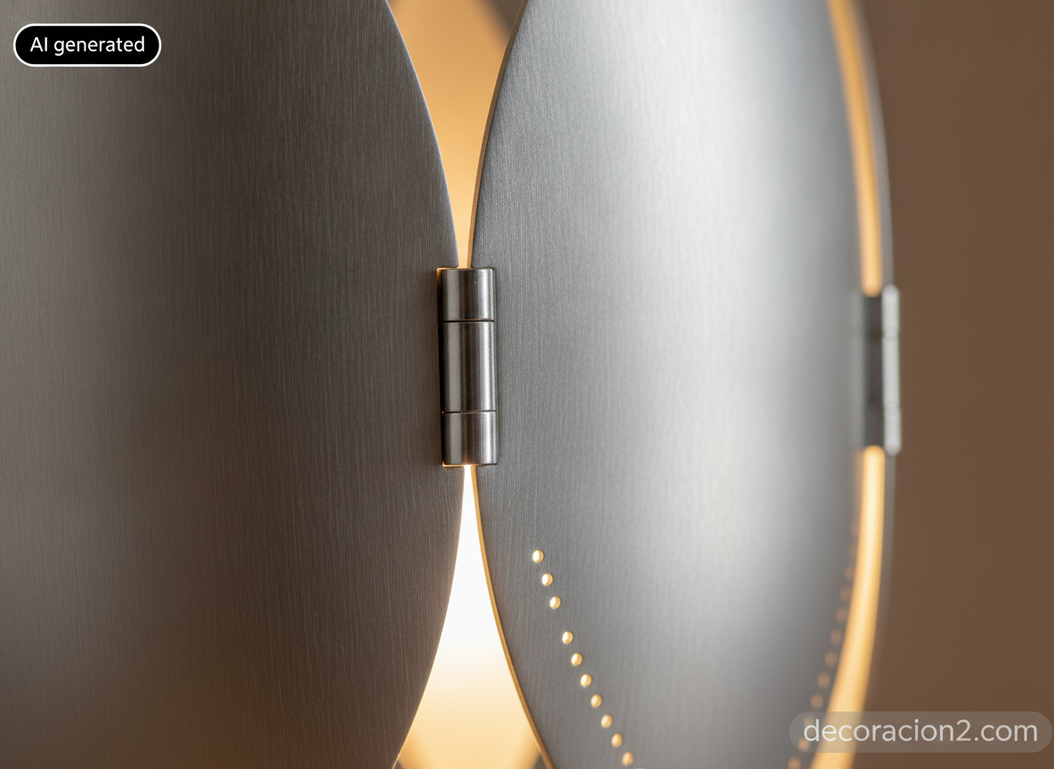Detalle macro de los pétalos de aluminio anodizado y la bisagra de una lámpara de diseño