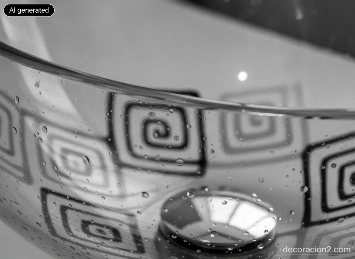 Detalle macro del canto pulido de una cubeta de vidrio templado con decoración geométrica bajo el vidrio