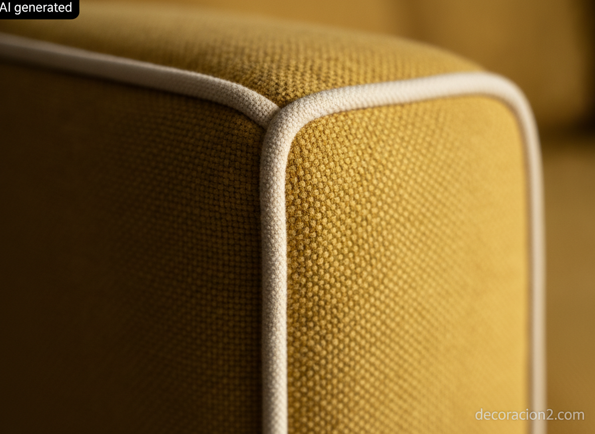 Muebles minimalistas de color: cómo elegir un sofá de líneas simples 1 Detalle macro de la costura y la trama de una tapicería de lana mostaza