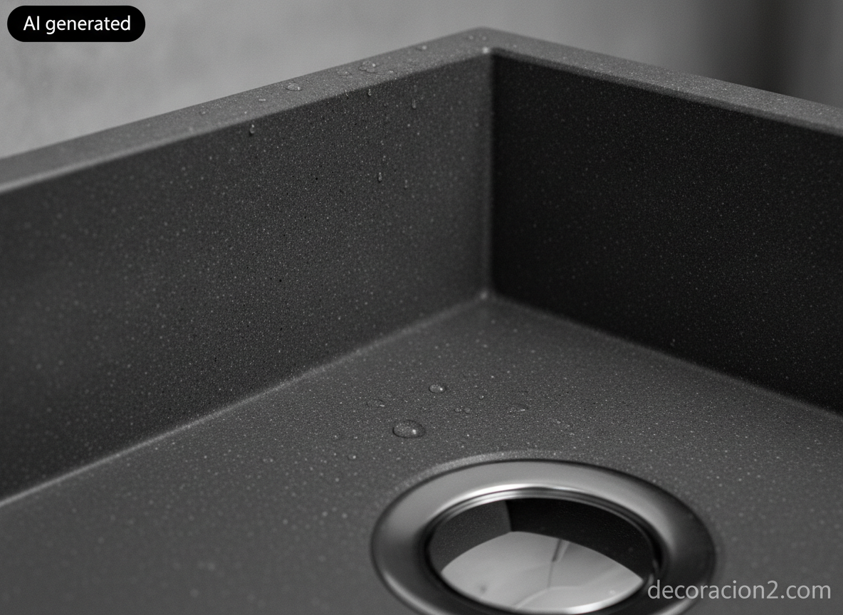Lavabos de cuarzo: la colección Quartz Sinks de Giquadro y todo lo que debes medir antes de comprarla 5 Detalle macro de la textura granulada del aglomerado de cuarzo antracita con gotas de agua
