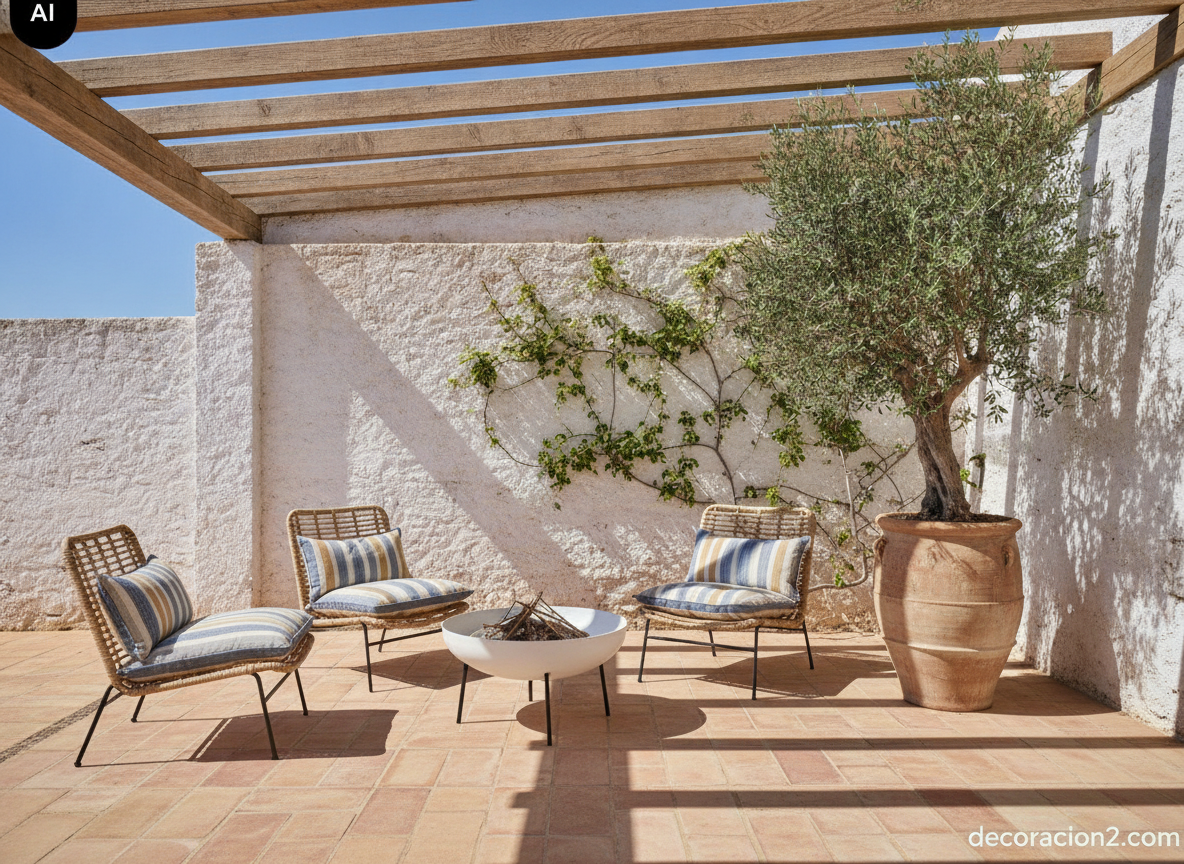 Terraza cubierta con suelo de barro y brasero decorativo de acero lacado blanco rodeado de butacas de ratán