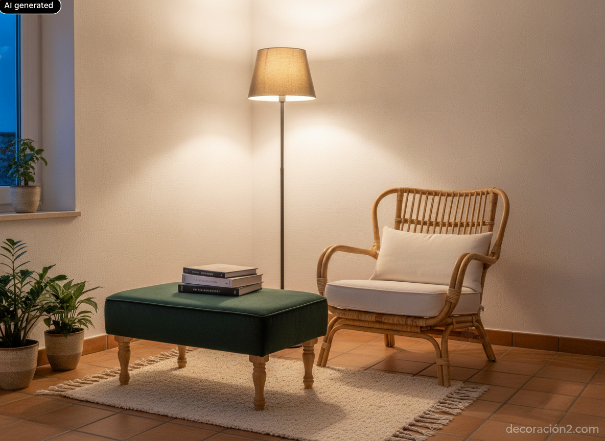Rincón de lectura nórdico con otomana rectangular de terciopelo verde y patas de madera