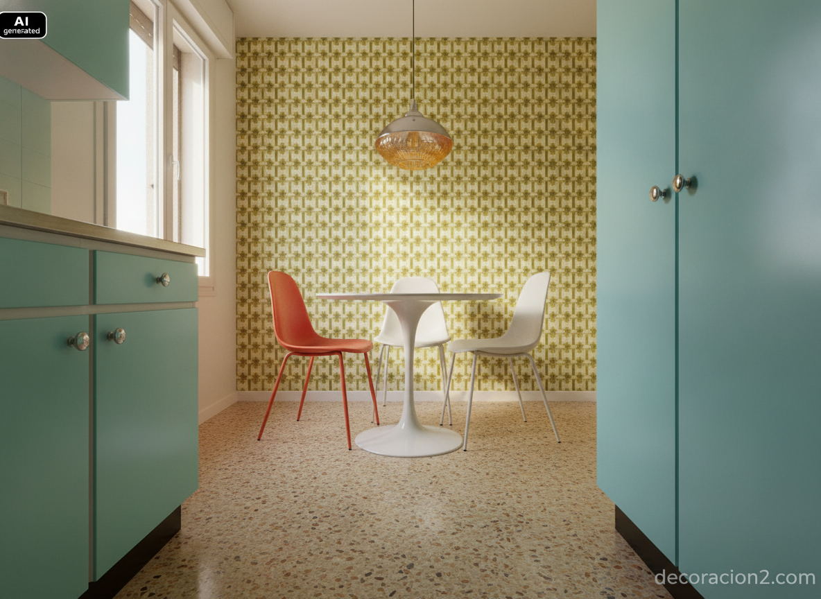 Cocina office retro con frentes de formica turquesa, suelo de terrazo y mesa de pie tulipán