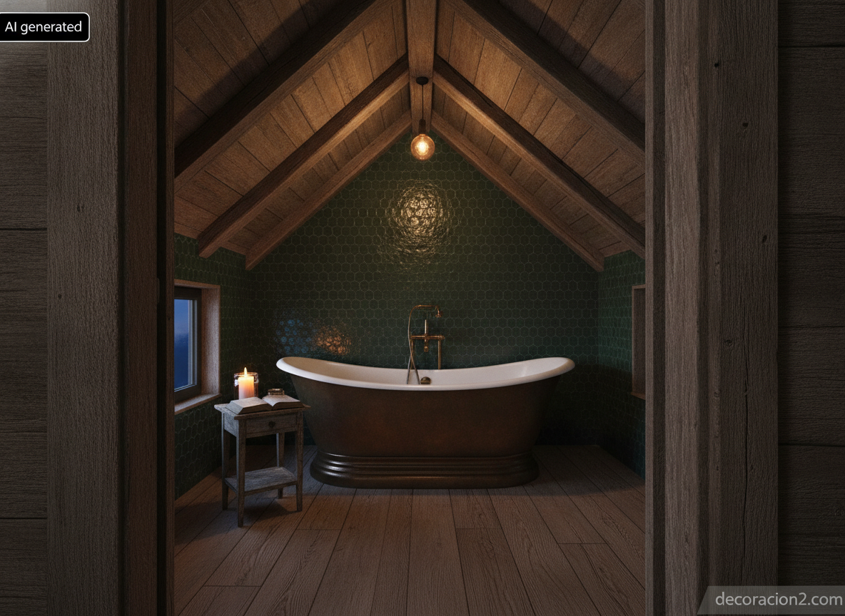 Bañera exenta de bronce envejecido en un baño abuhardillado con azulejo zellige verde y vigas de madera