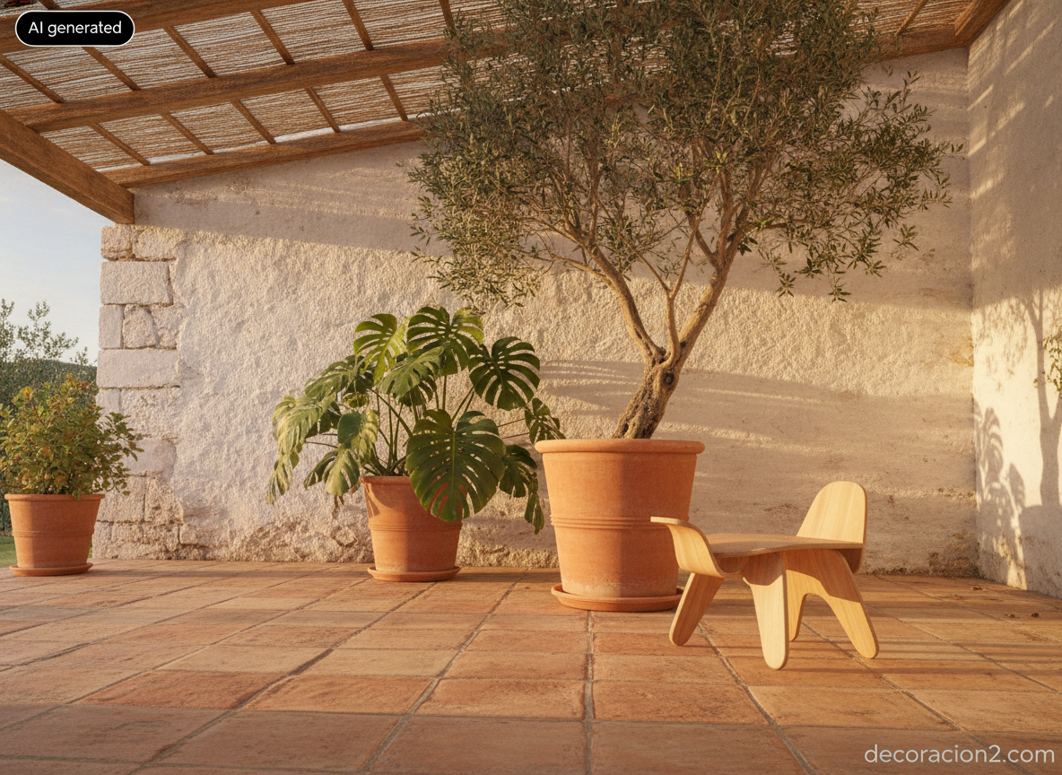 Taburete infantil de madera curvada con forma de animal en una terraza mediterránea con suelo de barro y plantas